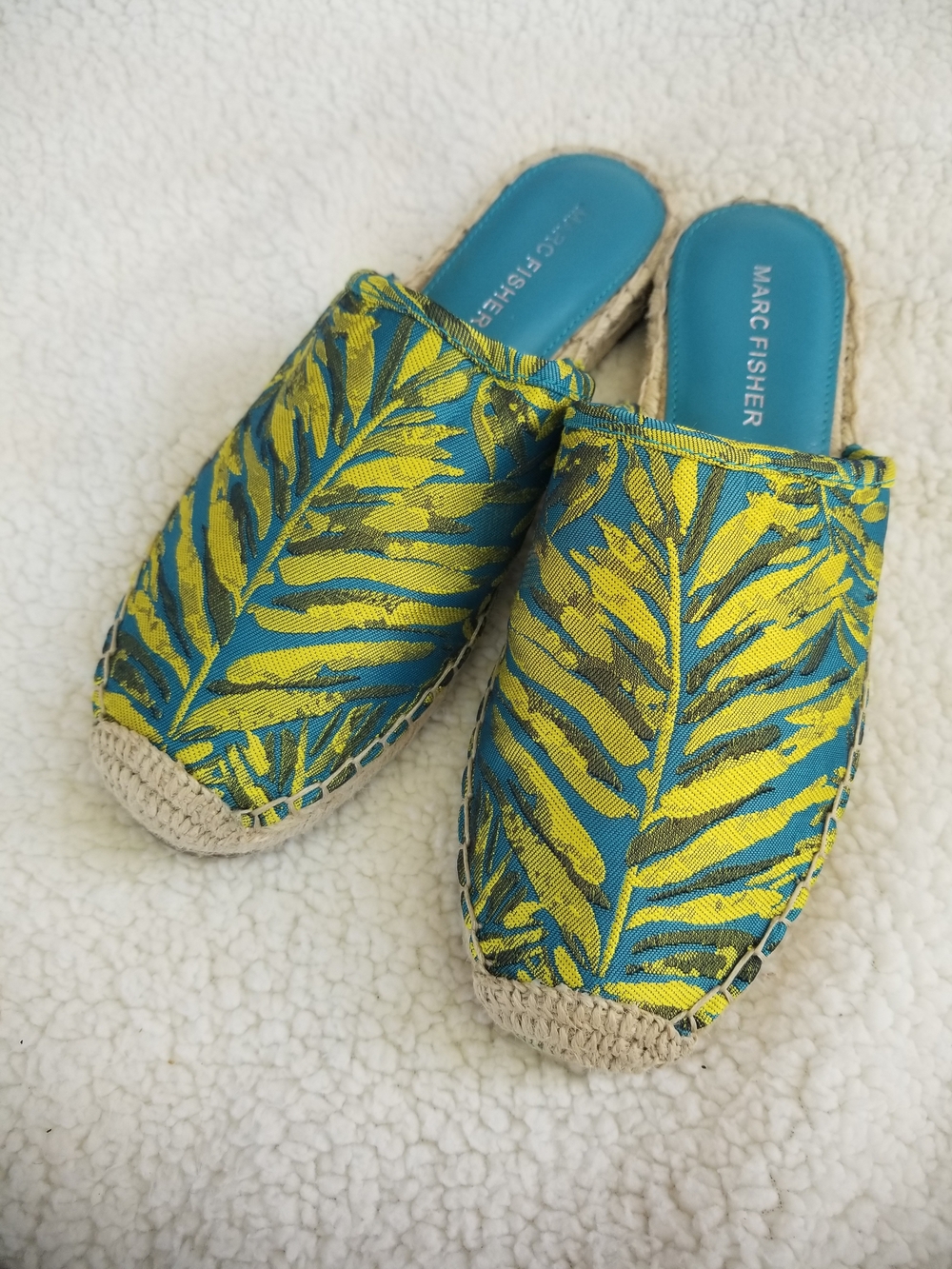 Marc Fisher Teal & Yellow Tropical Leaf Espadrille Mules